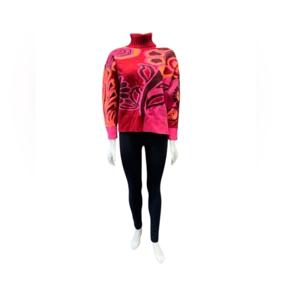 Farm Rio Cutout Intarsia Knit EUC Floral Turtle Neck Pink/Orange/Red Size XS - Picture 3 of 12